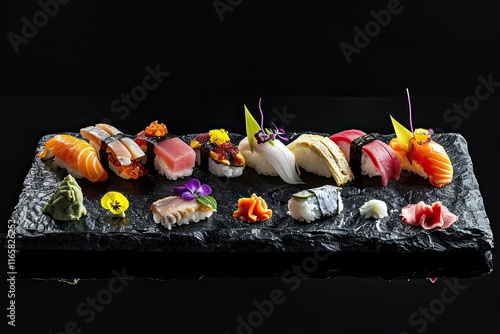 Japanese-style sushi presentation on a dark board, with contrasting colors and neat placement photo