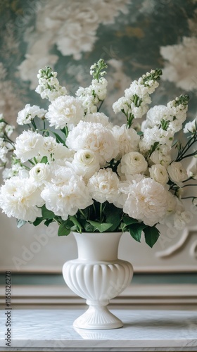 Elegant white flowers in a porcelain vase on a soft background at a serene in...