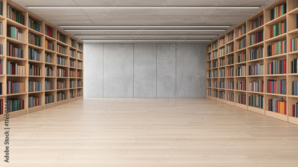 Modern library with sleek minimalistic shelves filled with books and spacious design Modern library with sleek minimalistic shelves filled with books and spacious design