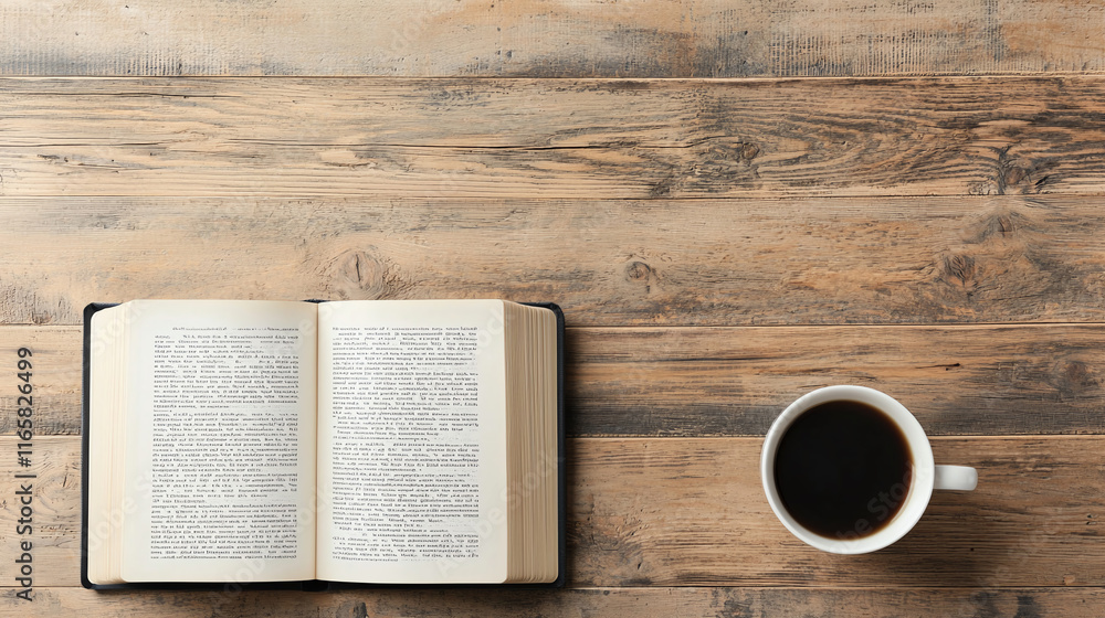 Obraz premium open book on wooden table beside cup of coffee, inviting relaxation