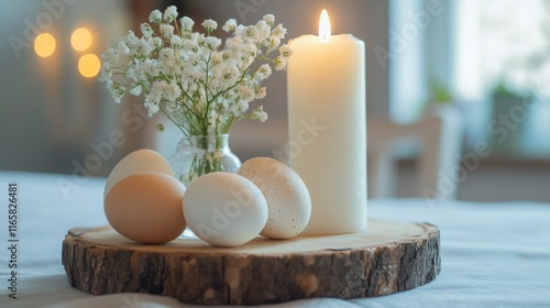 Simple breakfast table setting with eggs and candle surrounded by flowers