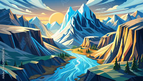 A majestic glacier carved into a mountainside, glistening under the bright sunlight, with streams of melting ice forming small rivers below