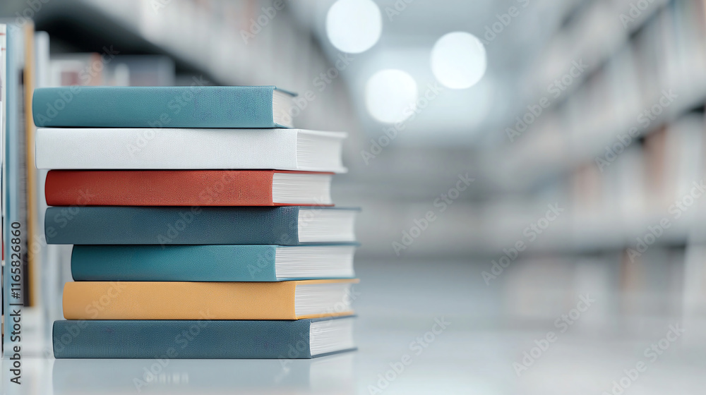 Stacks of colorful books on shelf in library setting, inviting exploration Stacks of colorful books on shelf in library setting, inviting exploration