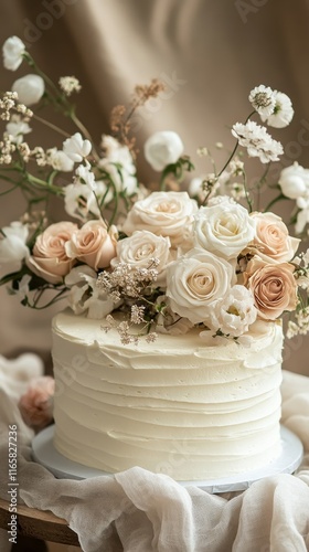 Elegant white wedding cake adorned with roses in a softly lit room