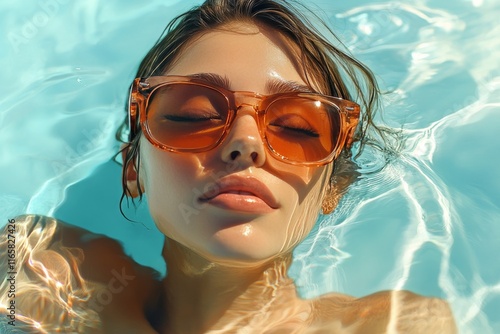 Relaxing woman in sunglasses enjoys the calm water on a sunny day in a refres...