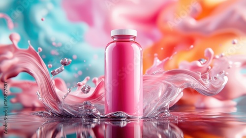 A striking pink bottle surrounded by a dynamic splash of water, representing freshness and vitality in an artistic and colorful setting that captivates the eye. photo