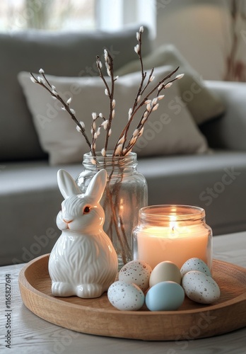 Decorative Easter arrangement with rabbit, eggs, and candle on a cozy table s...