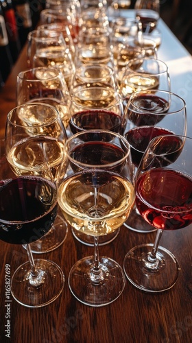 Elegant arrangement of wine glasses showcasing various wines at a stylish tas...