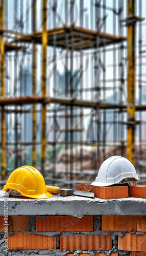 Workers Day Podium, Empty product display Construction-inspired, concrete podium, construction helmets, tools, bricks, skyline under construction, laborers in building society, ad, podium platform photo