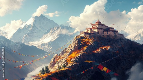 A peaceful Himalayan mountain landscape in Ladakh, with a Buddhist monastery perched on a hill and colorful prayer flags fluttering in the wind photo