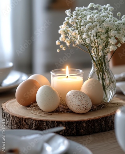 Elegant centerpiece with candles and decorative eggs for a festive table sett...