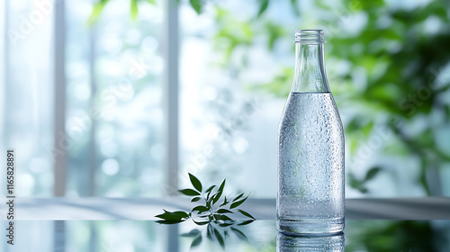 Crystal-clear water in a uniquely shaped glass bottle placed on a reflective surface with soft natural lighting photo