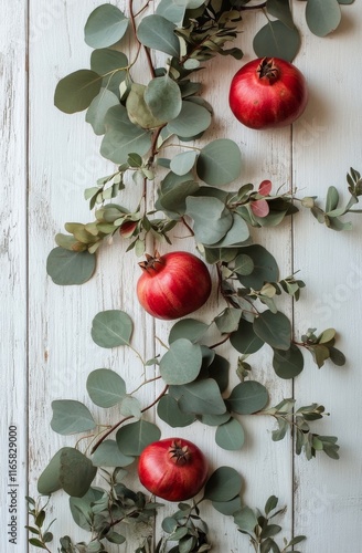 Fresh pomegranates and eucalyptus leaves arranged on a rustic wooden surface