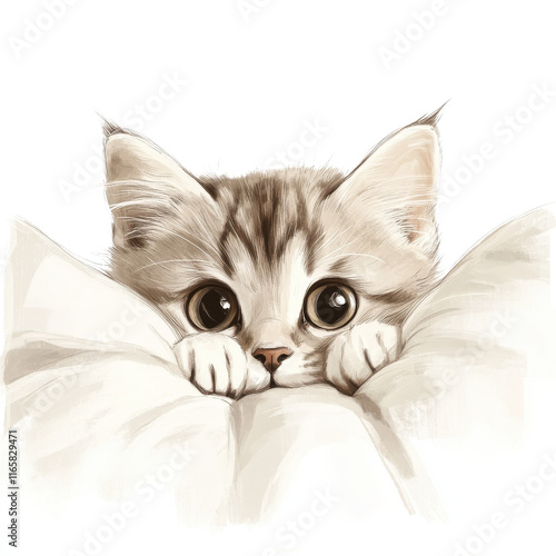 Wallpaper Mural Cute kitten peeking over a soft pillow, white isolated background. Torontodigital.ca