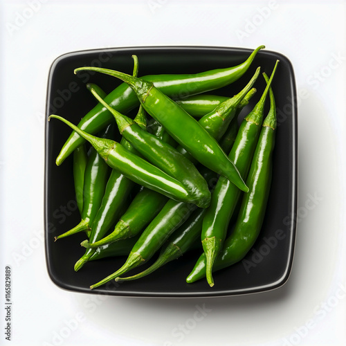 Black square bowl filled with vibrant green chilies arranged on a clean white background, photo