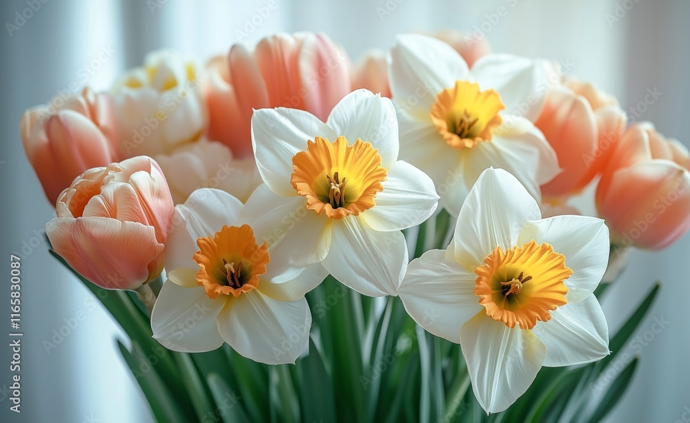 Fototapeta premium Elegant Bouquet of Daffodils and Tulips in Soft Light A Stunning Spring Floral Arrangement