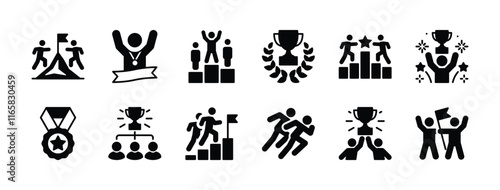 Competition icon vector set. Containing run, achieve, winner, trophy, victory, medal, goal, business career, teamwork, success, champion, mountain peak, running, and celebrate illustration