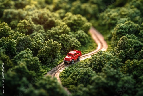 Red toy truck navigating a winding trail through a lush green forest