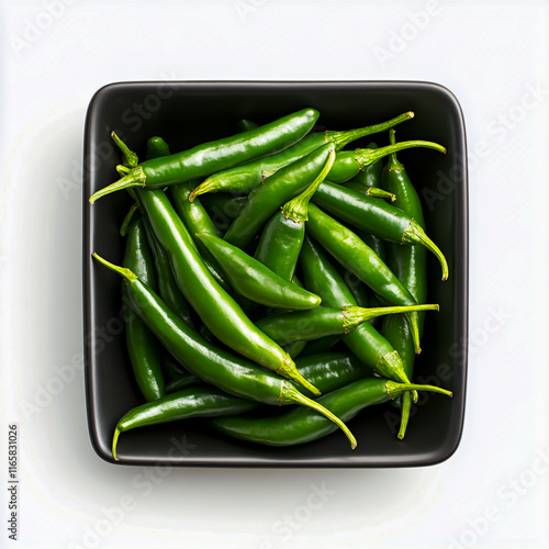 Black square bowl filled with vibrant green chilies arranged on a clean white background, photo