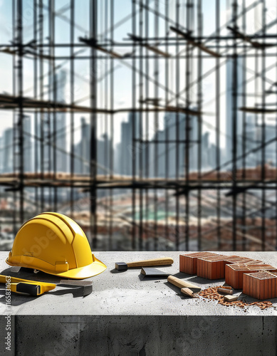 Workers Day Podium, Empty product display Construction-inspired, concrete podium, construction helmets, tools, bricks, skyline under construction, laborers in building society, ad, podium platform photo