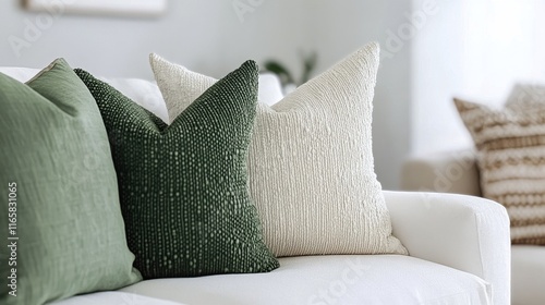 Stylish decorative pillows arranged on a cozy white sofa enhancing a modern l...