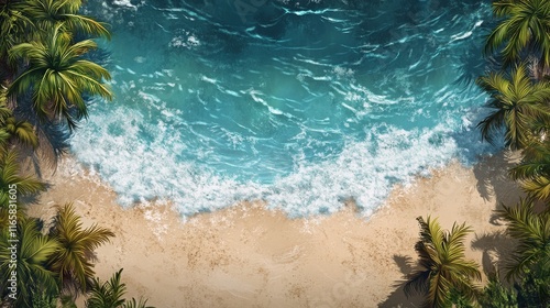 Tropical beach with waves crashing on sand and palm trees under a clear sky