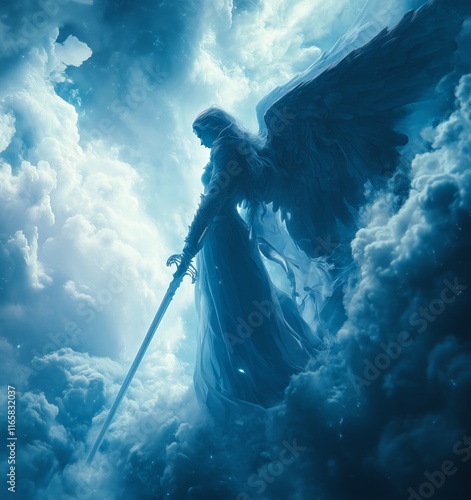 Angelic Warrior Ascending Celestial Realms: A Digital Painting of a Winged Female Figure with a Sword, Soaring Through Ethereal Clouds photo