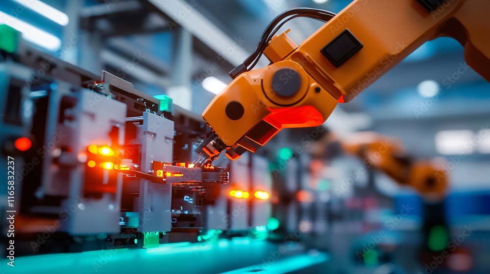 Battery replacement maintenance concept. Robotic arm working on an assembly line with glowing lights, showcasing automation and technology in manufacturing. Battery replacement maintenance concept. Robotic arm working on an assembly line with glowing lights, showcasing automation and technology in manufacturing.