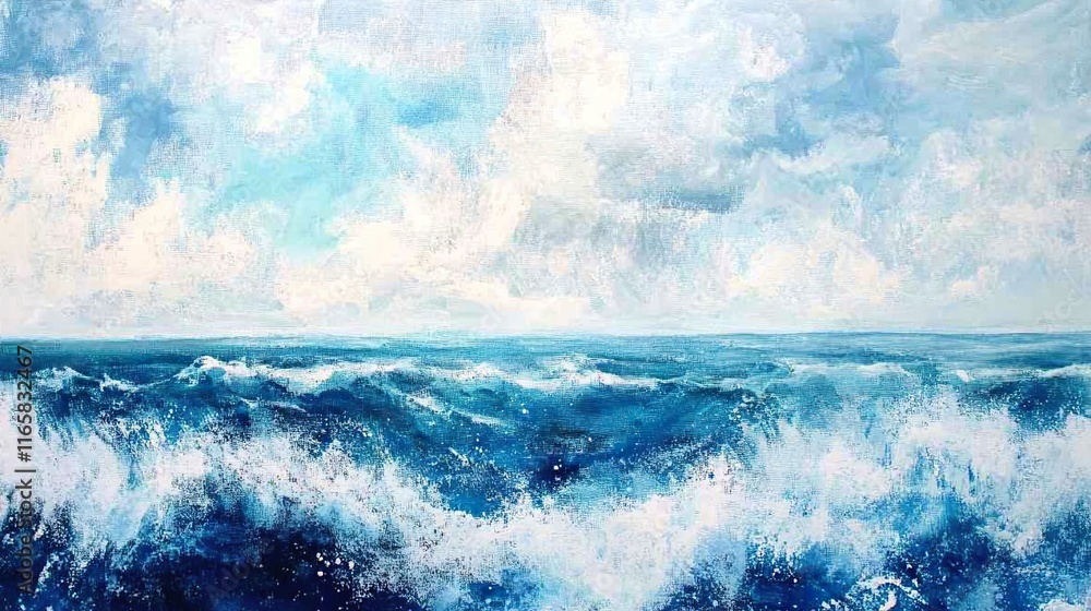 Fototapeta premium Ocean Waves Painting: Blue Sea and Sky Landscape