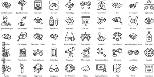 Ophthalmology Icon Set : 50 Precise Outline EPS Icons in Black