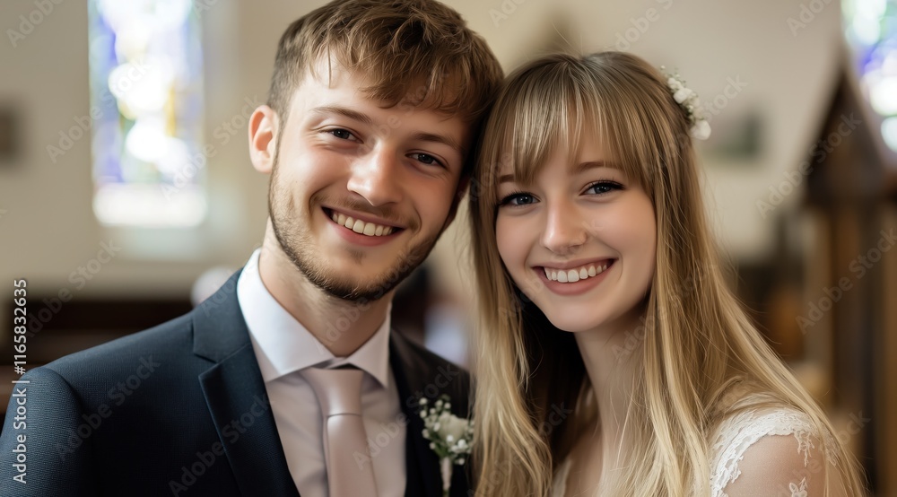 Un jeune couple homme, femme, âgé de 25 ans, séduisant le jour de leur mariage, souriant et regardant la caméra à l'intérieur d'une église.