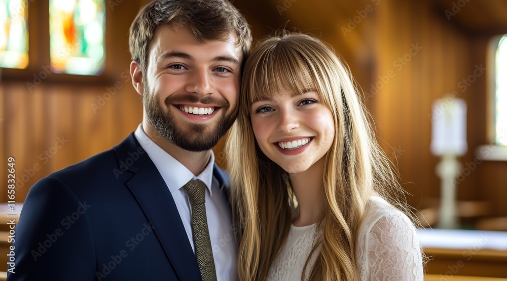 Portrait de jeunes mariés heureux, âgés d'une trentaine d'années, souriant face à la caméra dans une église. instant de bonheur partagé. Portrait de jeunes mariés heureux, âgés d'une trentaine d'années, souriant face à la caméra dans une église. instant de bonheur partagé.