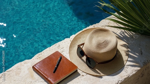 Relaxing by the pool with a straw hat, sunglasses, and a notebook in the sunl...