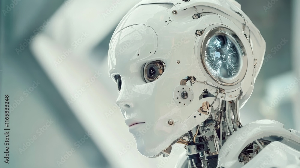 A futuristic humanoid robot with a sleek design, featuring a smooth white exterior and visible mechanical components. A futuristic humanoid robot with a sleek design, featuring a smooth white exterior and visible mechanical components.
