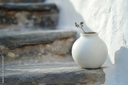 Elegant white vase with delicate flowers on stone steps in soft sunlight