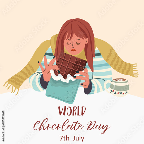 Celebrate World Chocolate Day with this banner. Character of a woman consuming chocolate with pleasure. Perfect for social media, candy store. Delicious Food.