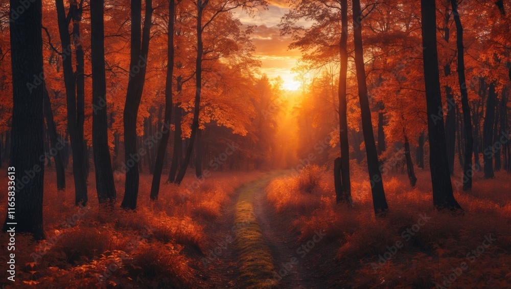 Fototapeta premium Vivid sunset illuminates autumn forest pathway