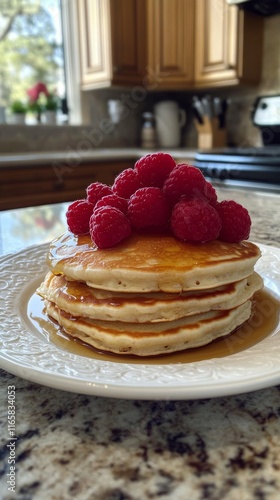 Fluffy pancakes topped with fresh raspberries and syrup served on a white plate