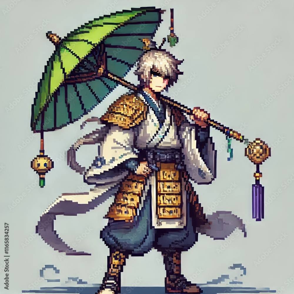 vector design of knight carrying an umbrella in chinese war costume, pixel art vector design of knight carrying an umbrella in chinese war costume, pixel art
