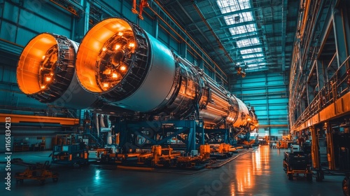 In the darkness, the space shuttle rests in the plant's assembly shop, a rocket poised for liftoff, painting a surreal picture of an aerospace factory. The scene symbolizes travel, technology, photo