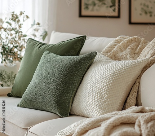 Cozy living room with green decorative pillows and a knitted throw blanket in...