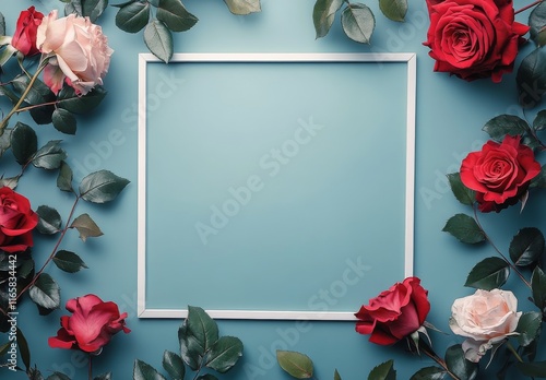 Elegant floral frame adorned with pink roses and green leaves on a blue backg...