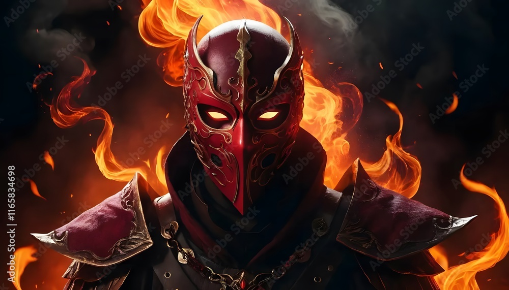 Fiery Warrior: A Digital Painting of a Masked Figure in Flames Fiery Warrior: A Digital Painting of a Masked Figure in Flames