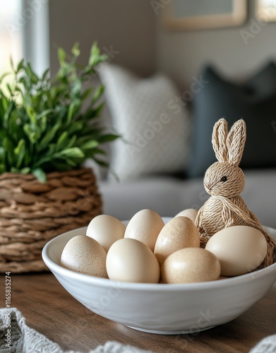 Easter decor with eggs and a bunny figure in a cozy home setting