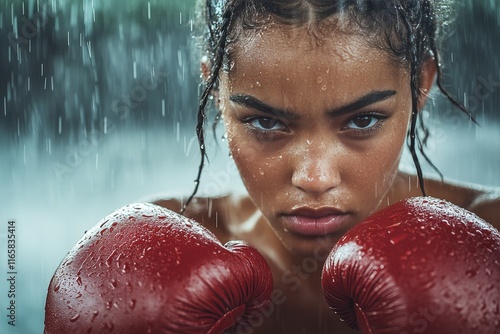 Female boxer training in snowy conditions with determination and focus in the...