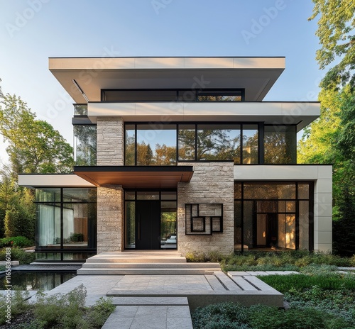 Modern architectural design of a stunning house at twilight with ample glass ...