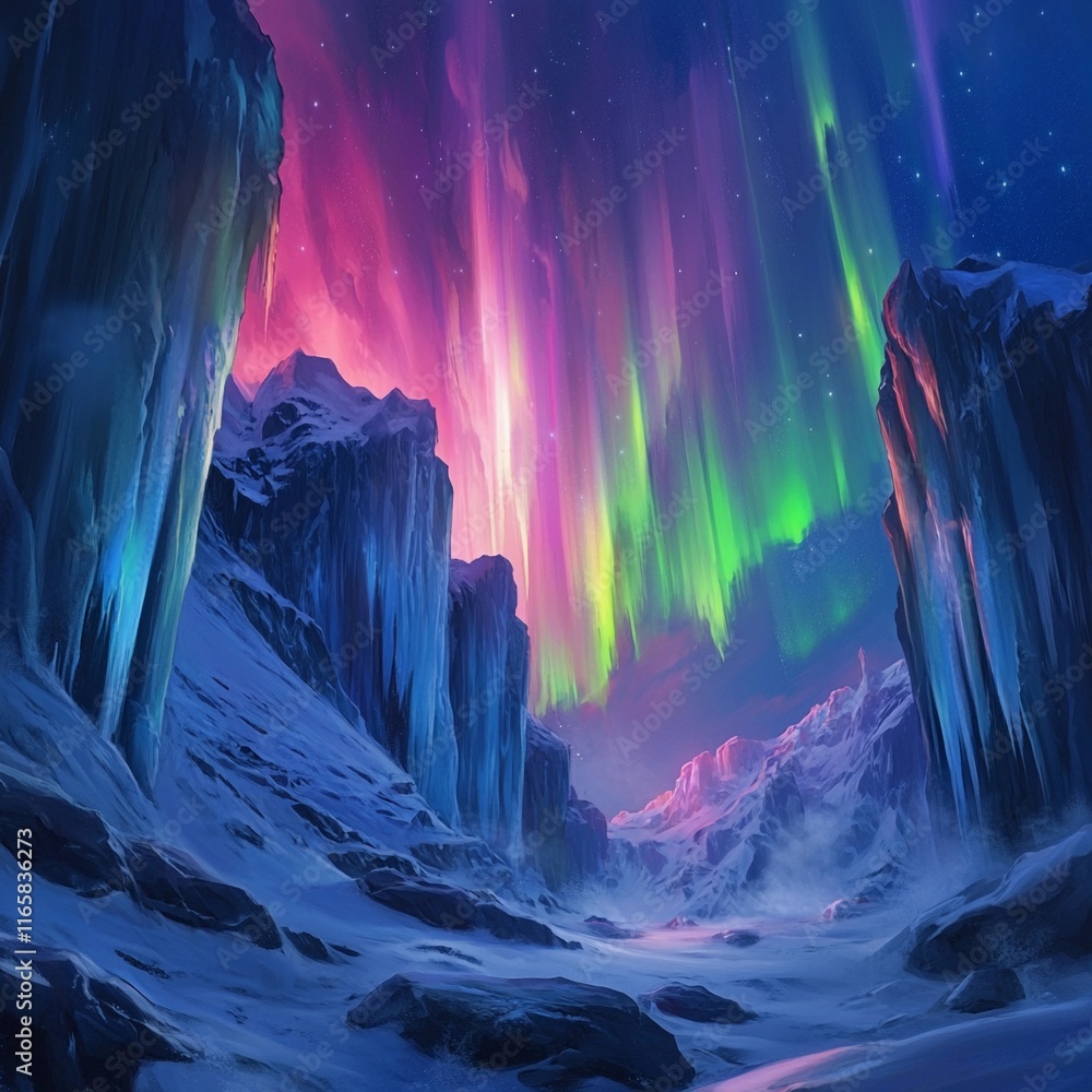 Vibrant northern lights illuminate a snowy mountain landscape during a clear night in a remote wilderness Vibrant northern lights illuminate a snowy mountain landscape during a clear night in a remote wilderness