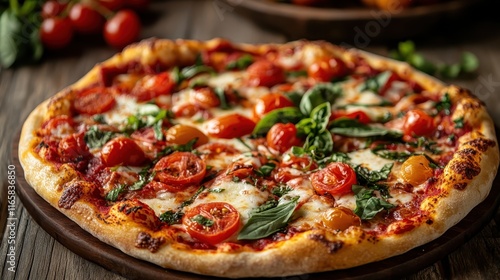 This mouth-watering image showcases a beautifully arranged pizza topped with fresh tomatoes and vibrant basil, exemplifying the essence of Italian cuisine and culinary art. photo