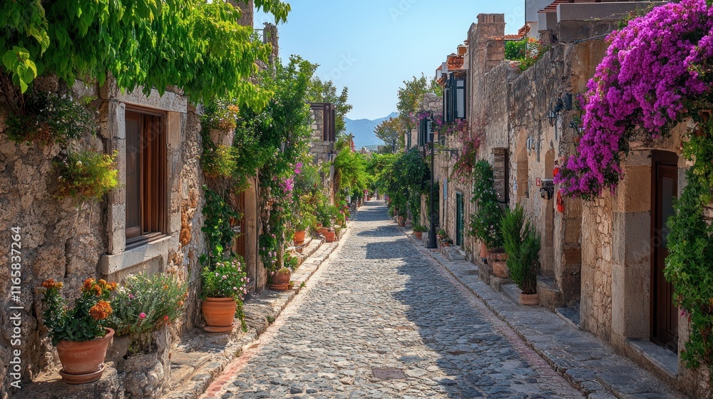 Fototapeta premium Picturesque stone street lined with colorful flowers and plants in a charming Mediterranean village. Sunlight fills the narrow alleyway.