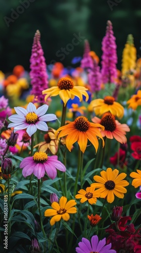 Colorful flower garden in full bloom beside a house on a sunny day